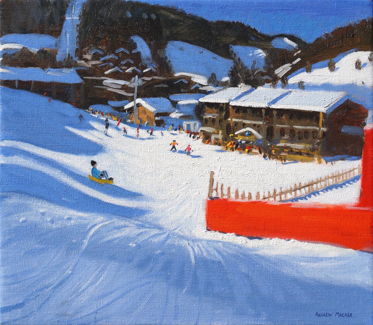 Skiløb; La Clusaz, Frankrig, (olie på lærred) af Andrew Macara