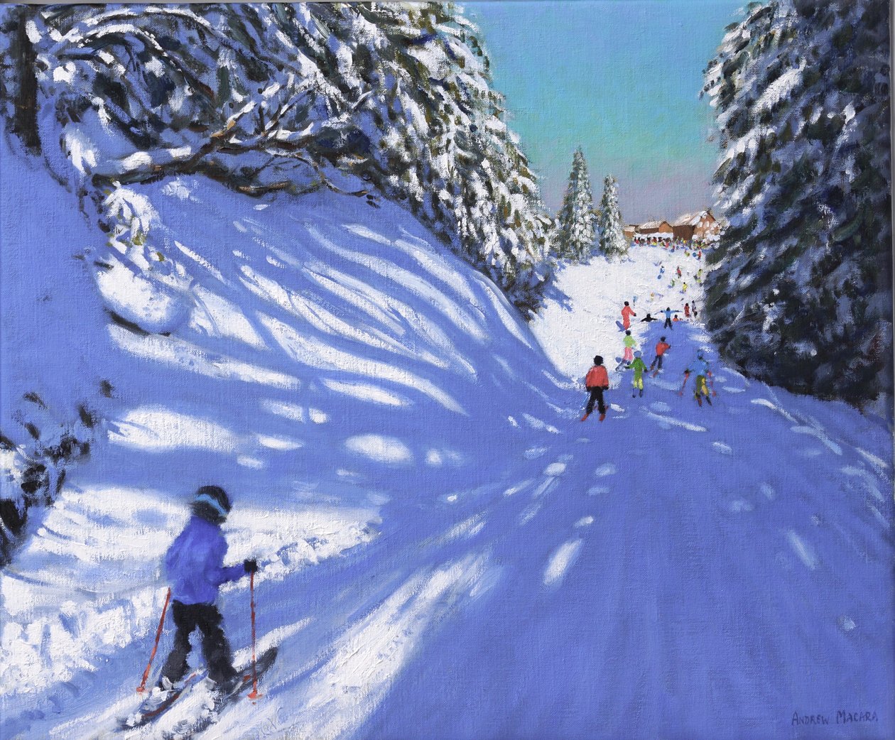 Skiløb, Samoens, Grand Massif, Frankrig, 2021 (olie på lærred) af Andrew Macara