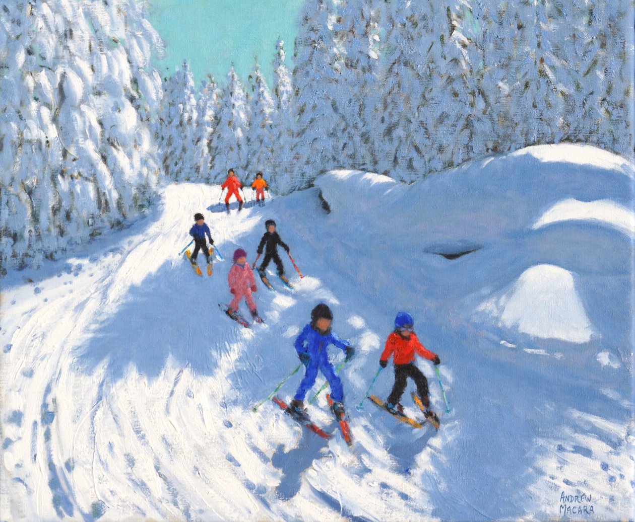 Skiløb ned ad stien ,Courchevel ,2018,(olie på lærred) af Andrew Macara