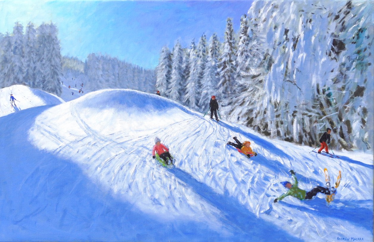 Skiløb i Morzine, Frankrig, 2023 (olie på lærred) af Andrew Macara