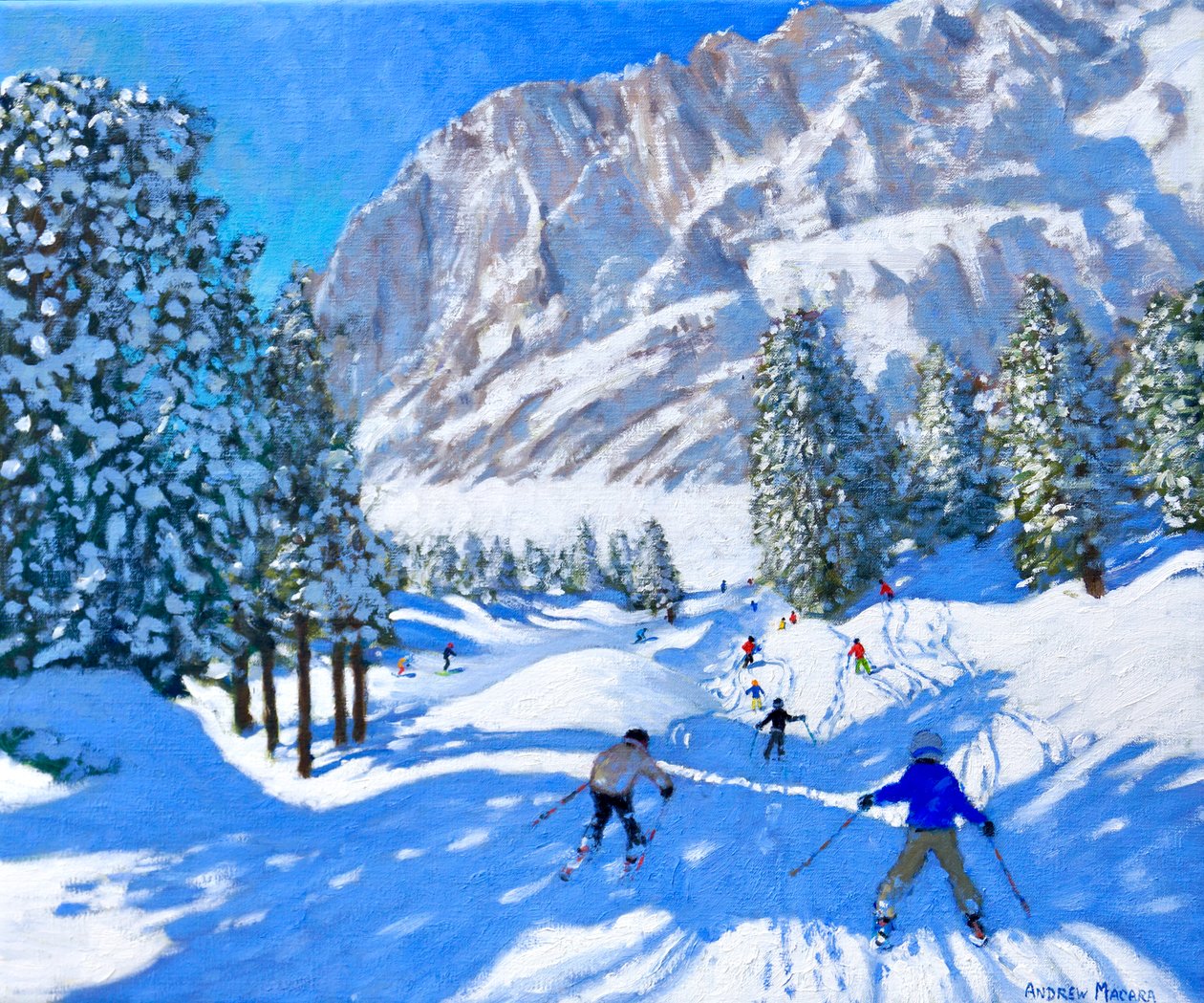Skiløb mod Dolomitterne, Val Gardena, Italien, 2022 (olie på lærred) af Andrew Macara