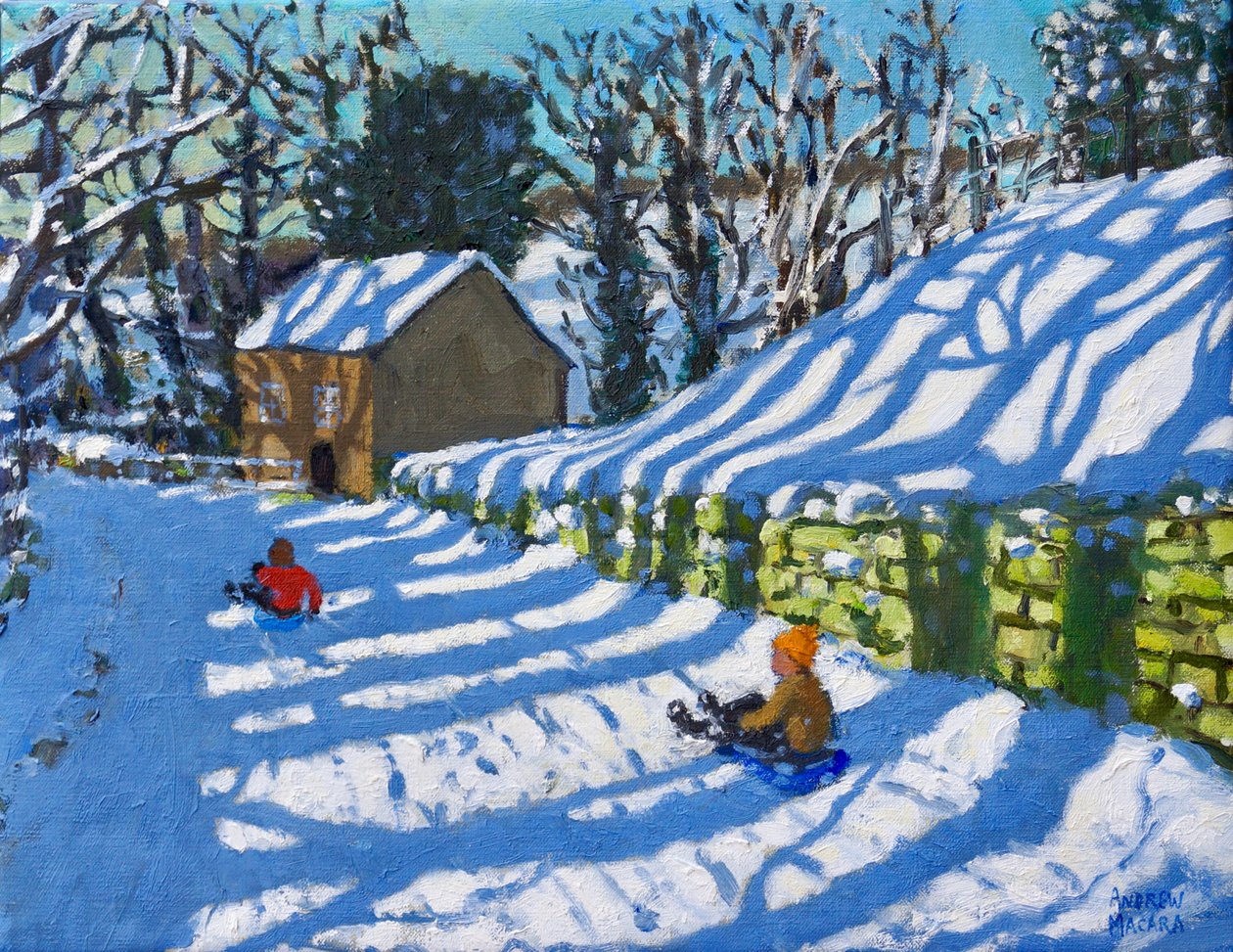Slædekørsel, Upper Hulme, Porre, 2020, (olie på lærred) af Andrew Macara