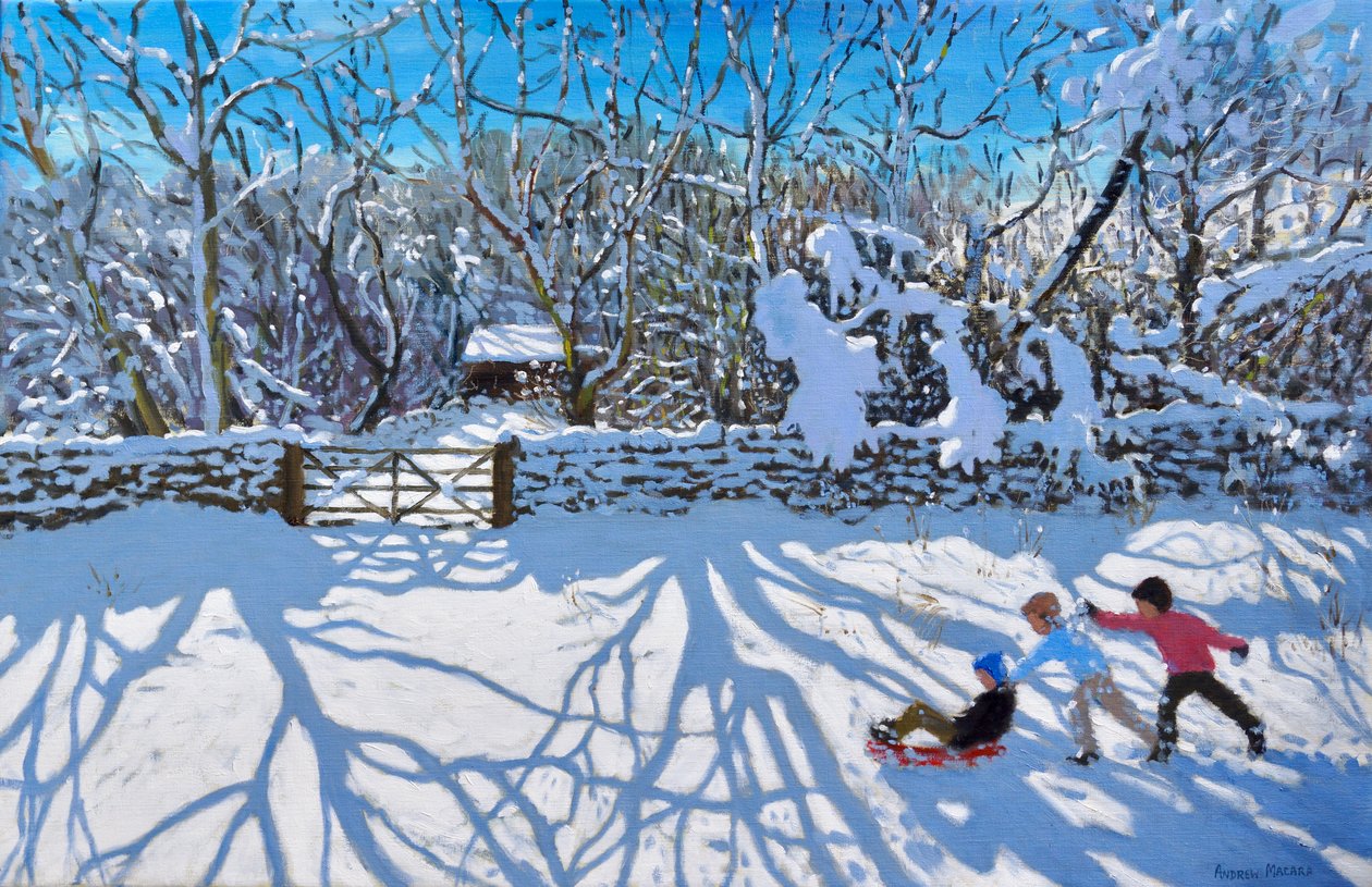 Sledging, Gambols Lane, Dovehead, High Peak, Derbyshire, 2021 (olie på lærred) af Andrew Macara