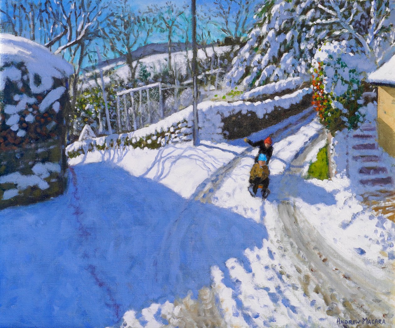 Slædekørsel i Wirksworth, Derbyshire, 2024 (olie på lærred) af Andrew Macara