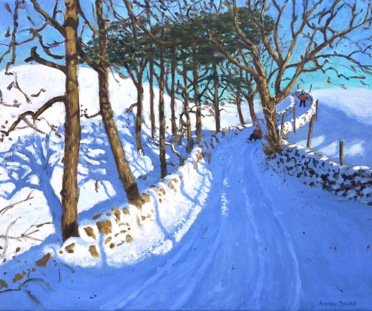 Slædekørsel i Derbyshire Peak District, 2023 (olie på lærred) af Andrew Macara