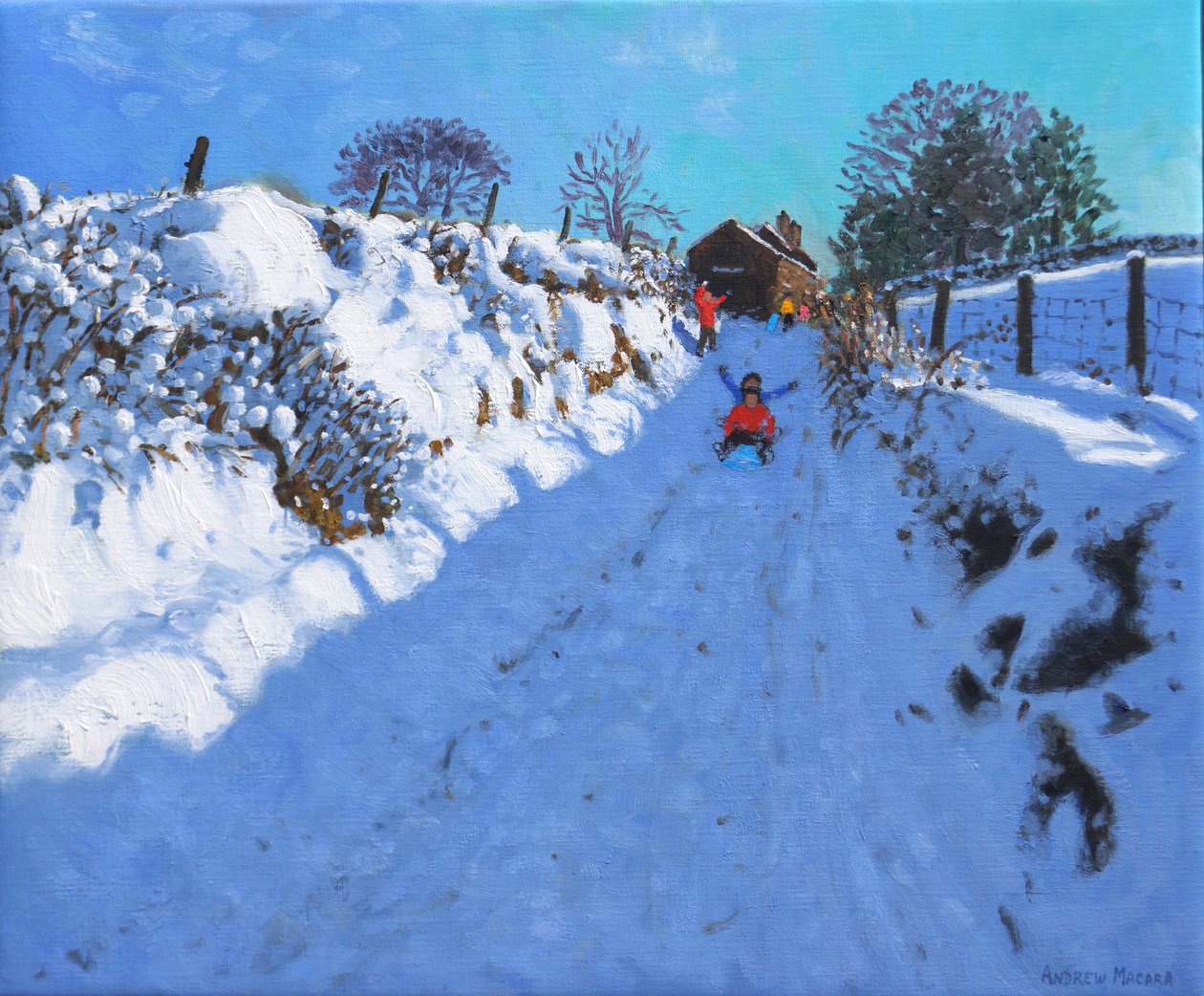 Slædekørsel, nær Oakerthorpe Rd, Wirksworth, 2021 (olie på lærred) af Andrew Macara