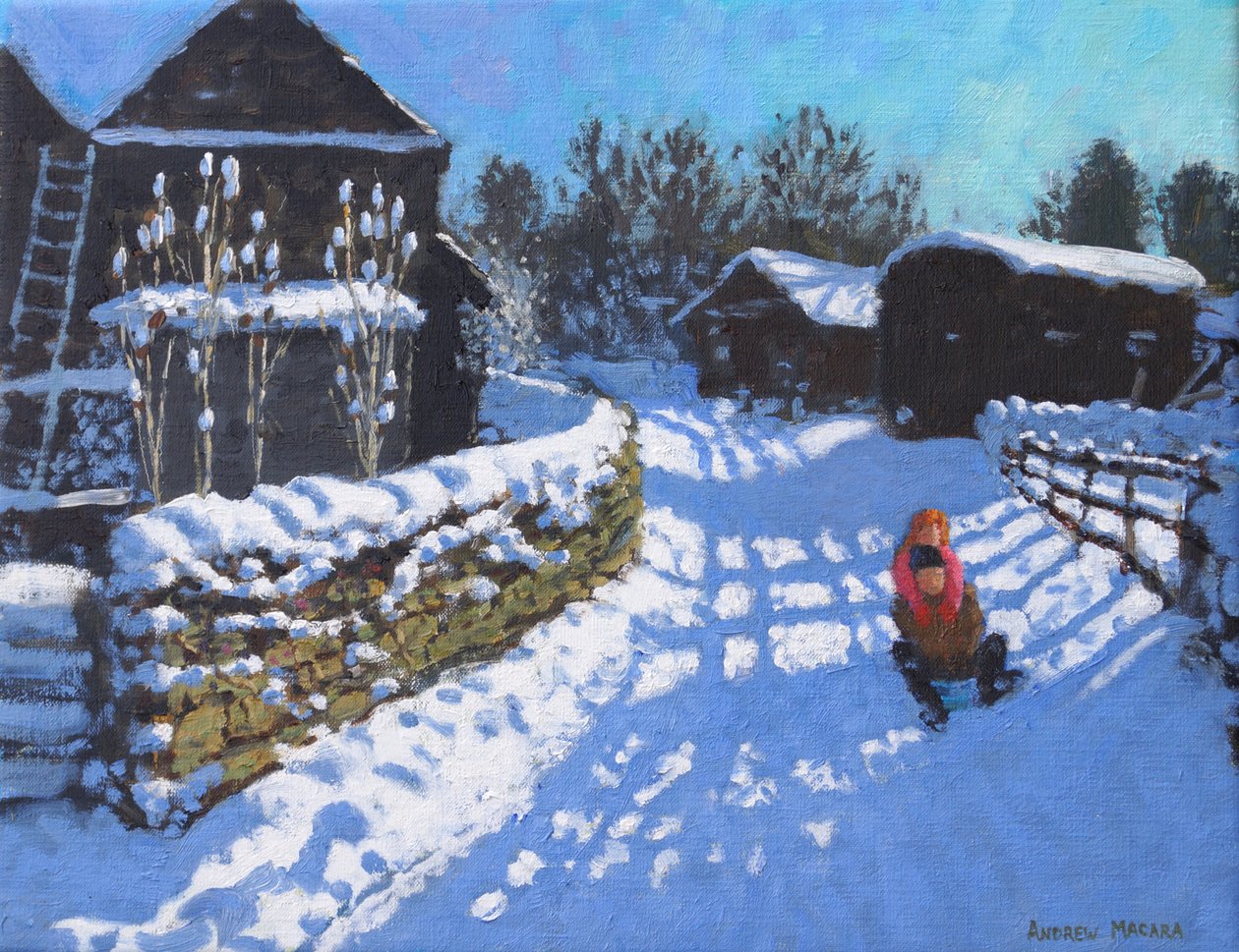 Slædekørsel, nær Wintercroft Lane nær Dovedale og Thorpe. Ashbourne, 2021 (olie på lærred) af Andrew Macara