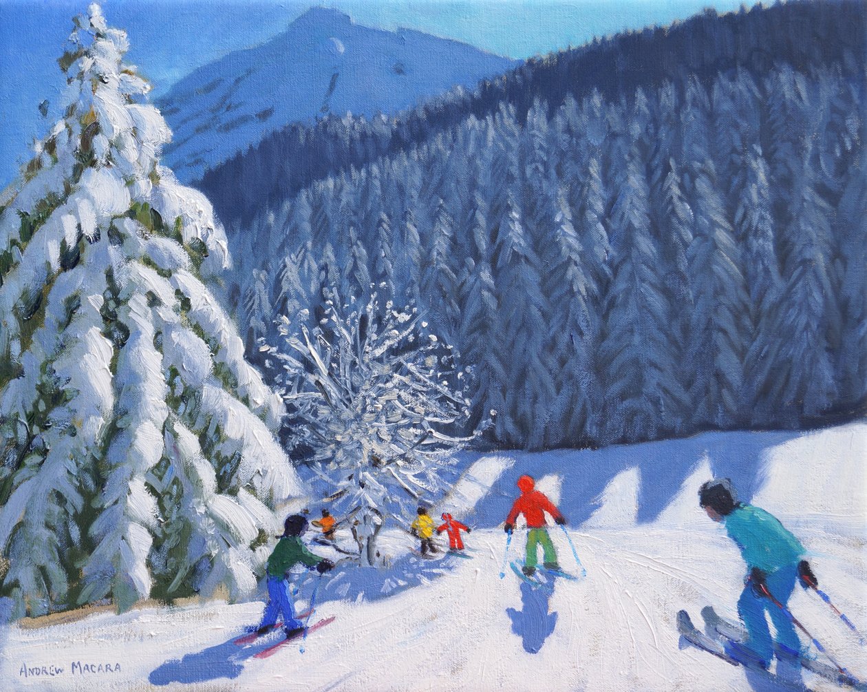Snedækkede træer, La Clusaz, Frankrig, 2015, (olie på lærred) af Andrew Macara