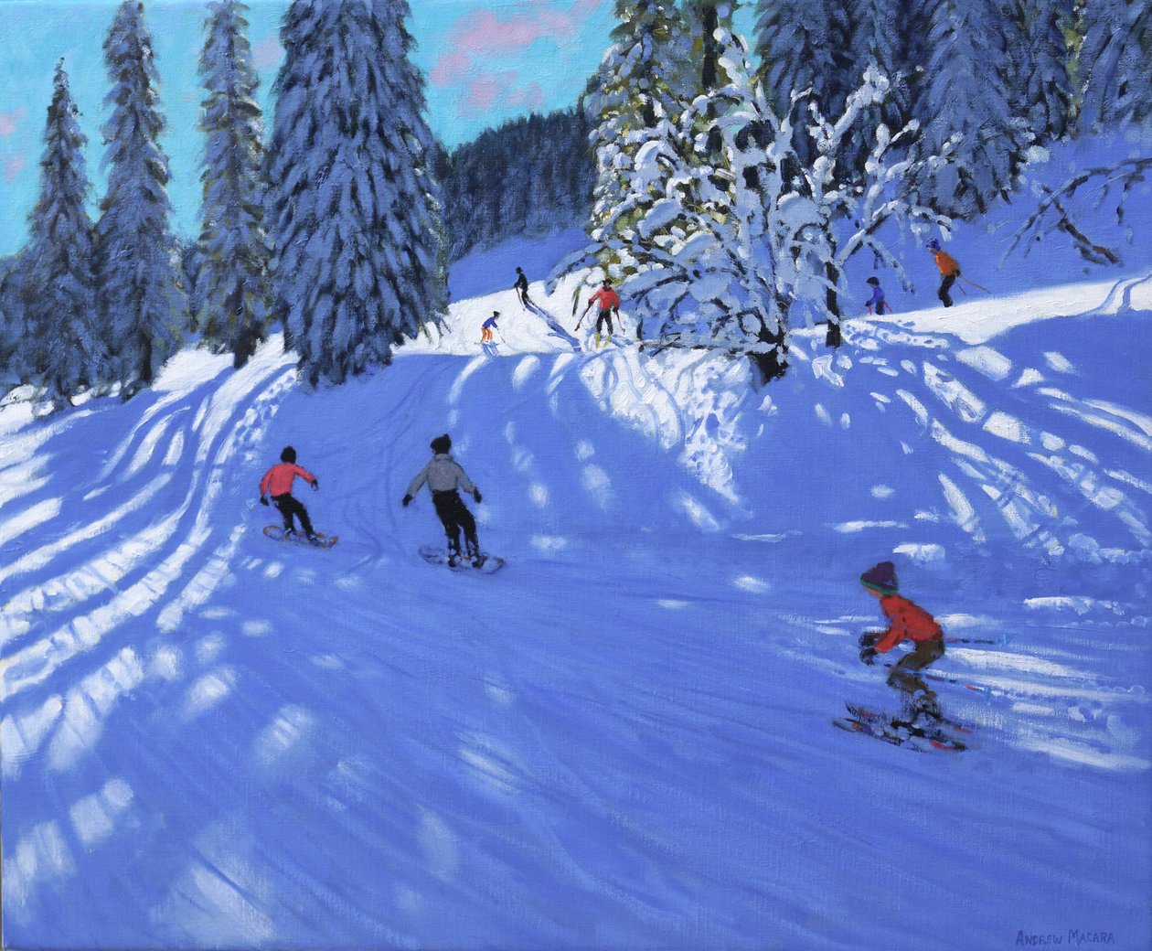 Snowboardere og skiløbere, Morzine, Frankrig, 2022 (olie på lærred) af Andrew Macara