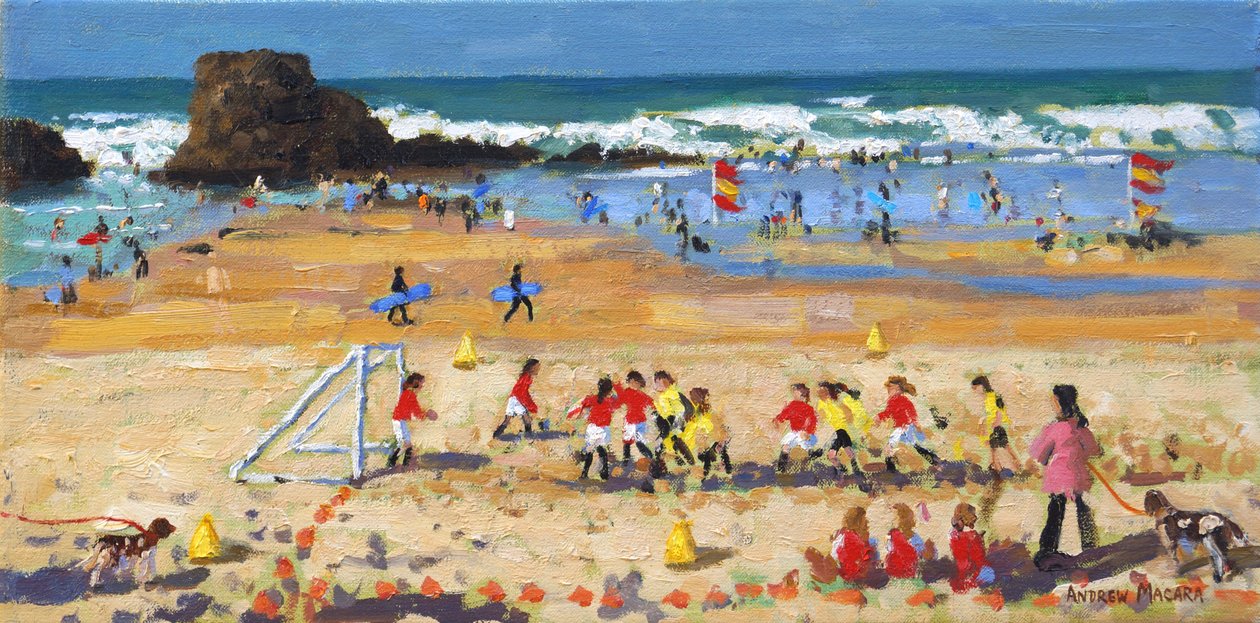 Sportsdag, Perranporth, 2017, (olie på lærred) af Andrew Macara