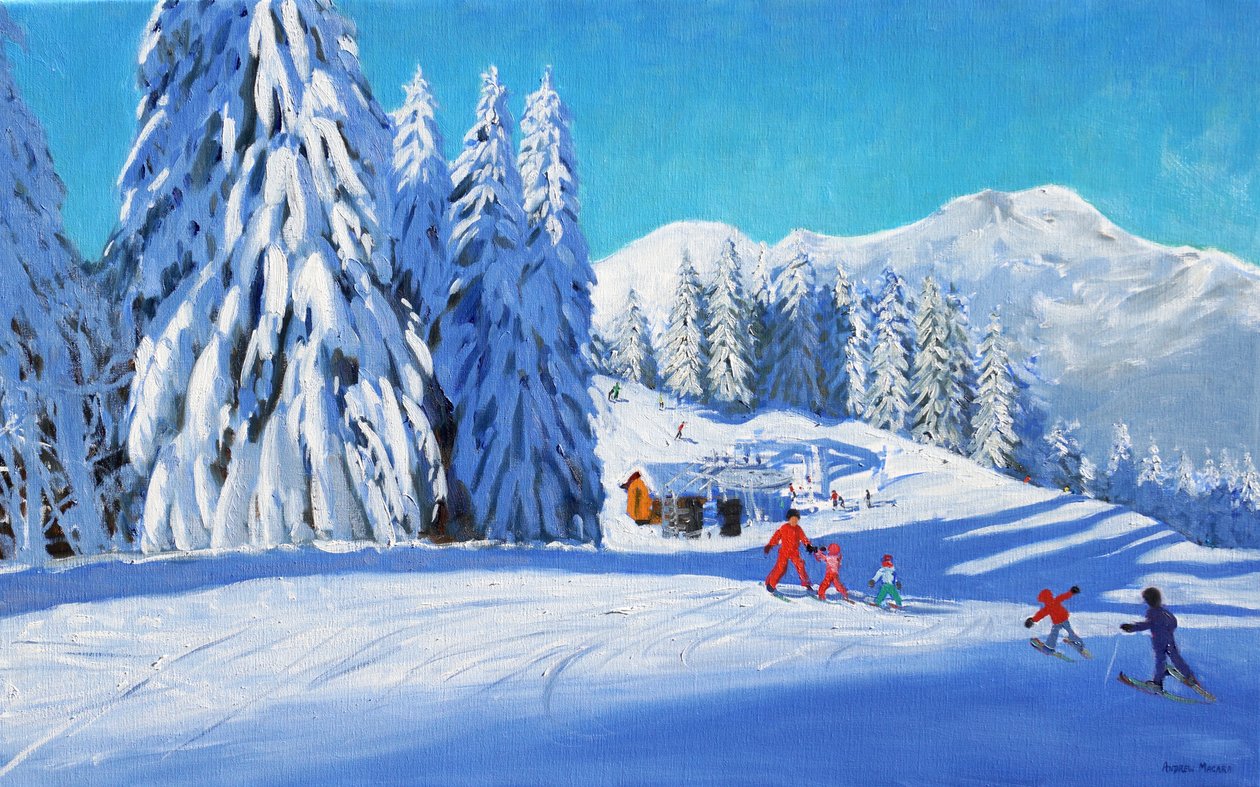 Skilektion, Morzine, 2015 (olie på lærred) af Andrew Macara