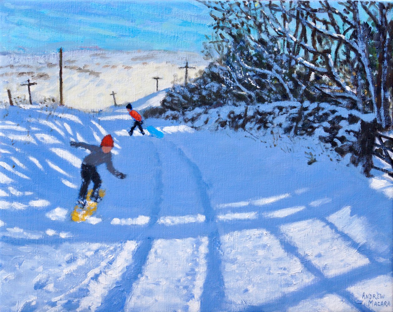 Snowboarderen, Dove Head, Derbyshire, olie på lærred) 2021 af Andrew Macara