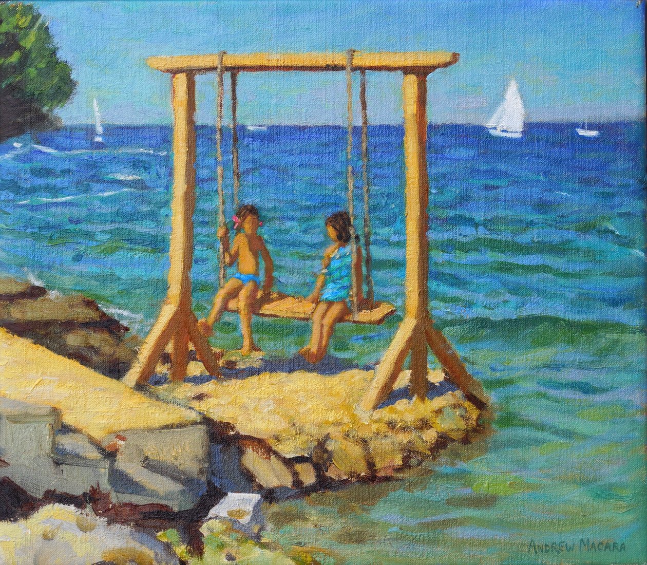 Gyngen, Funtana, Vrsar, Kroatien. 14x16" 2019 (olie på lærred) af Andrew Macara