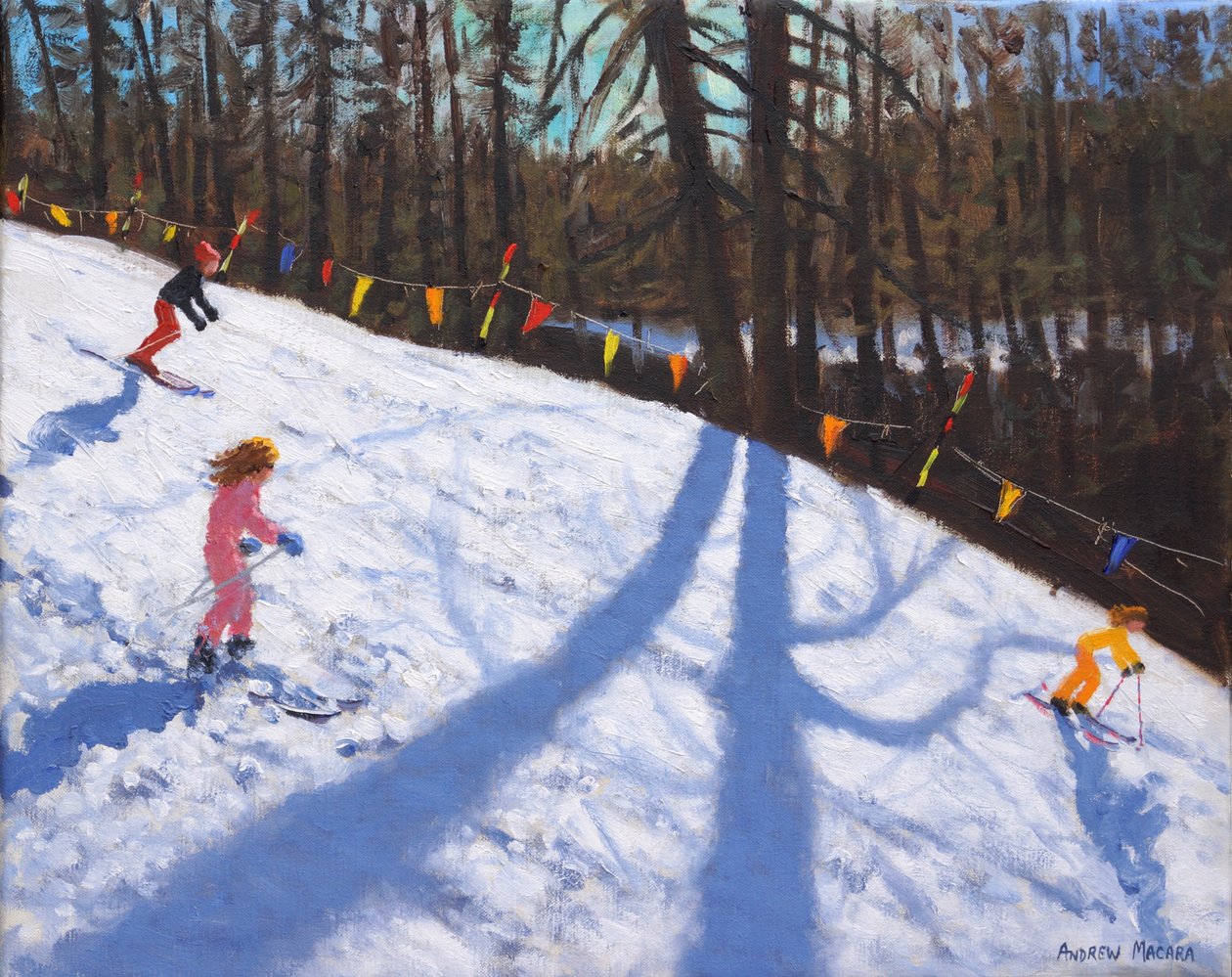 Three Valleys skiløb, 2018, (olie på lærred) af Andrew Macara