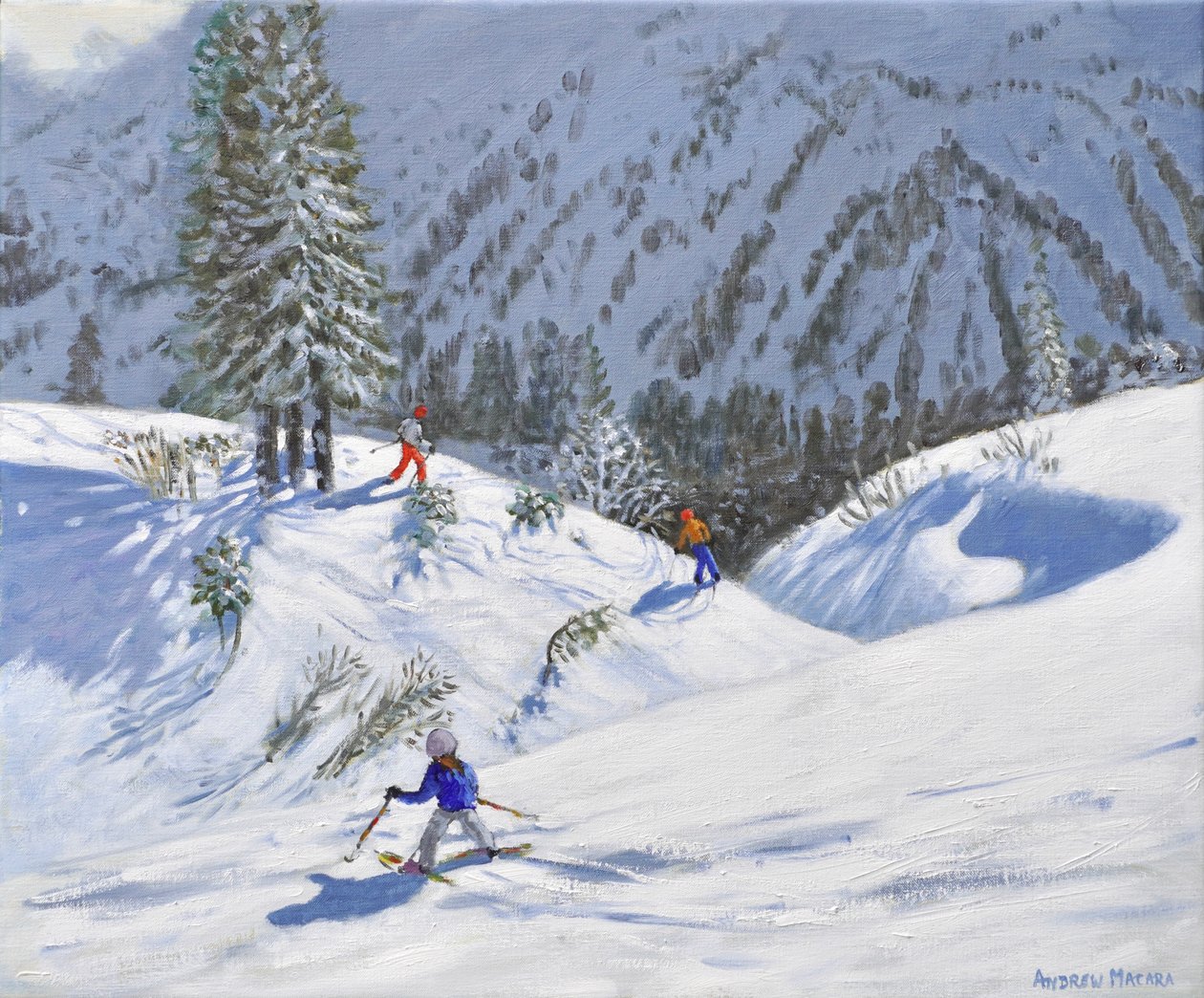 Tre skiløbere, Kitzbühel, Østrig, 2024 (olie på lærred) af Andrew Macara