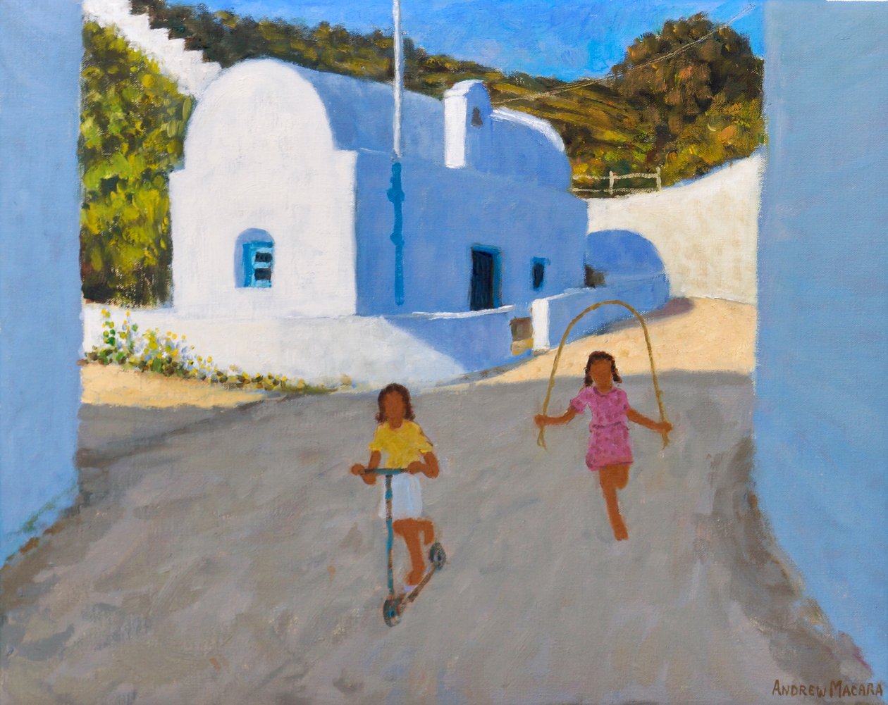 To piger, Klima, Milos, 2022 (olie på lærred) af Andrew Macara
