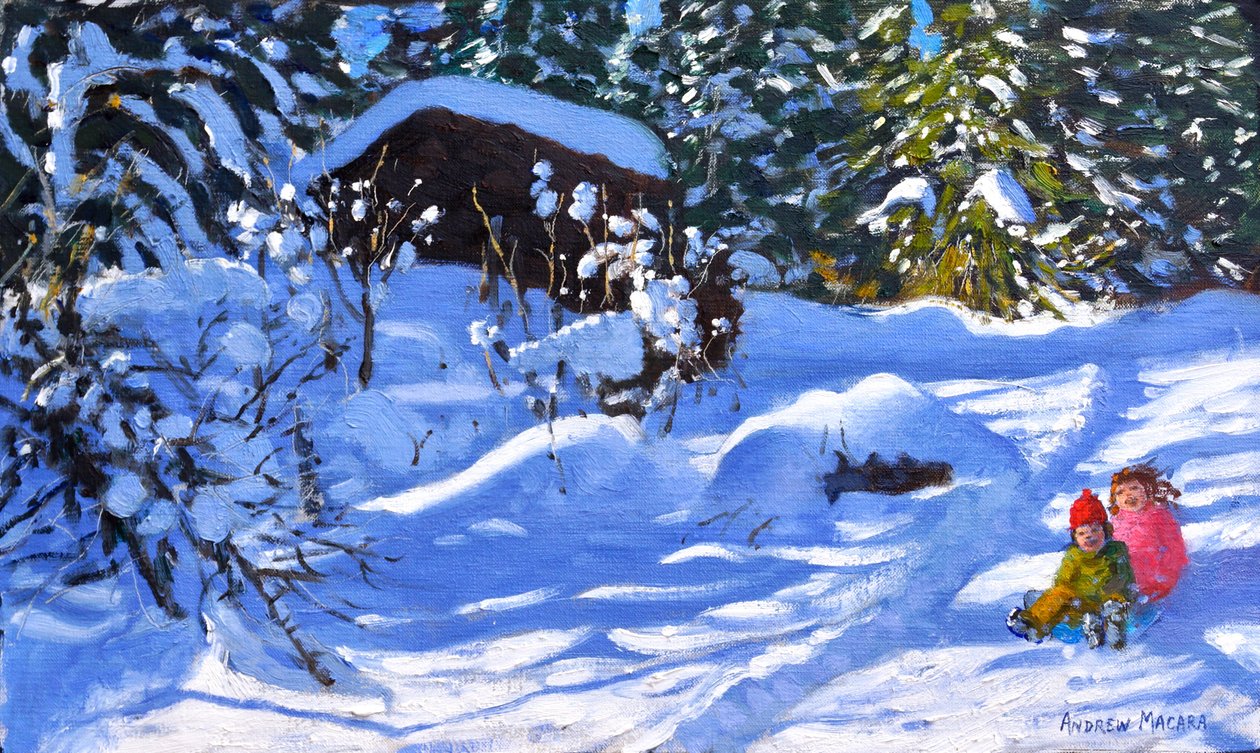 To på en slæde, The Orchard, Morzine, (olie på lærred) af Andrew Macara