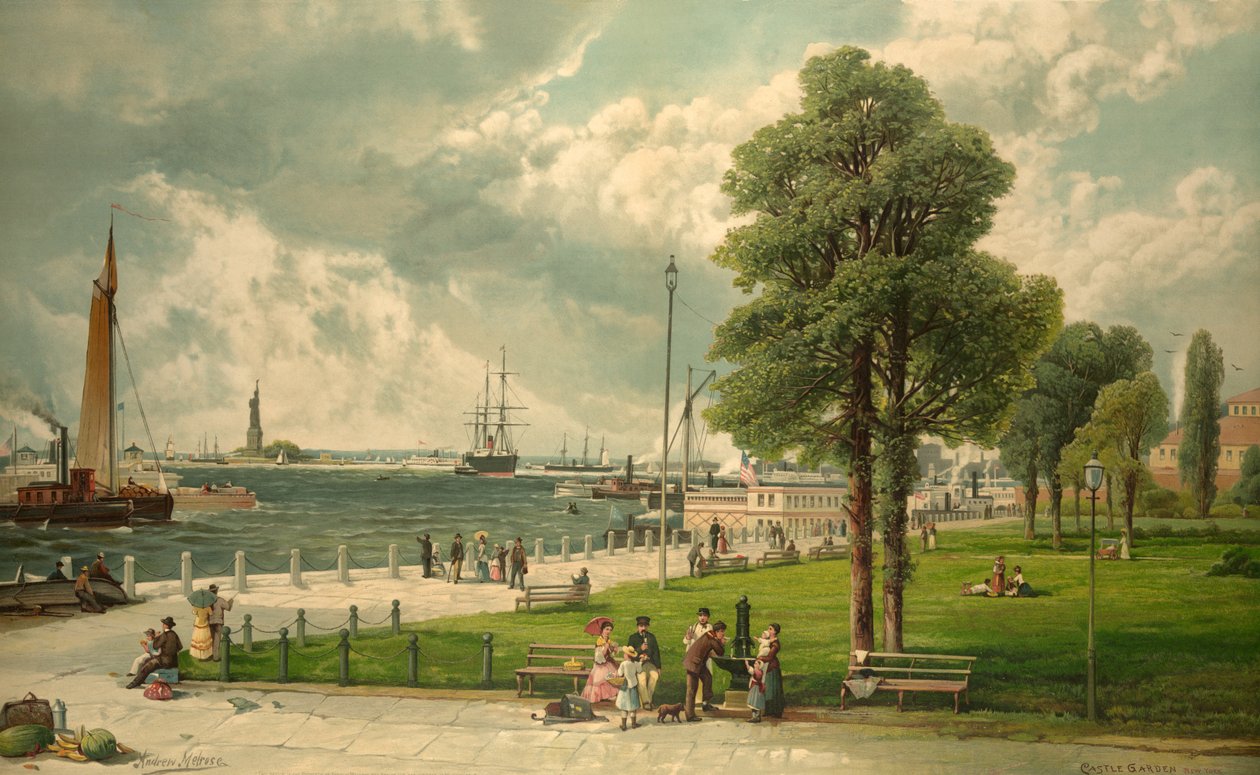 Castle Garden, New York, pub. 1887 (farvelitografi) af Andrew Melrose