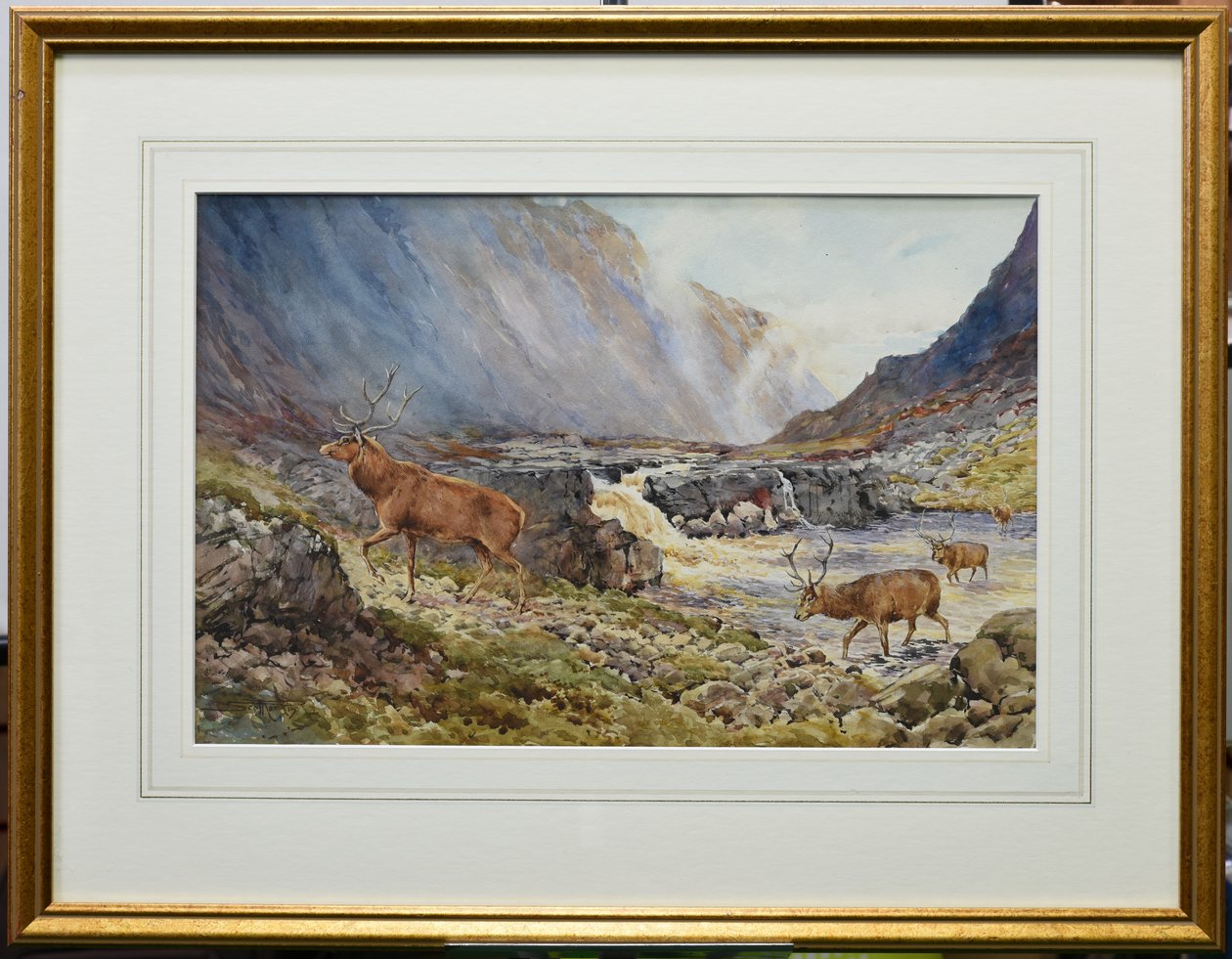 Deer Crossing the River Coe (akvarel på papir) af Andrew Scott Rankin