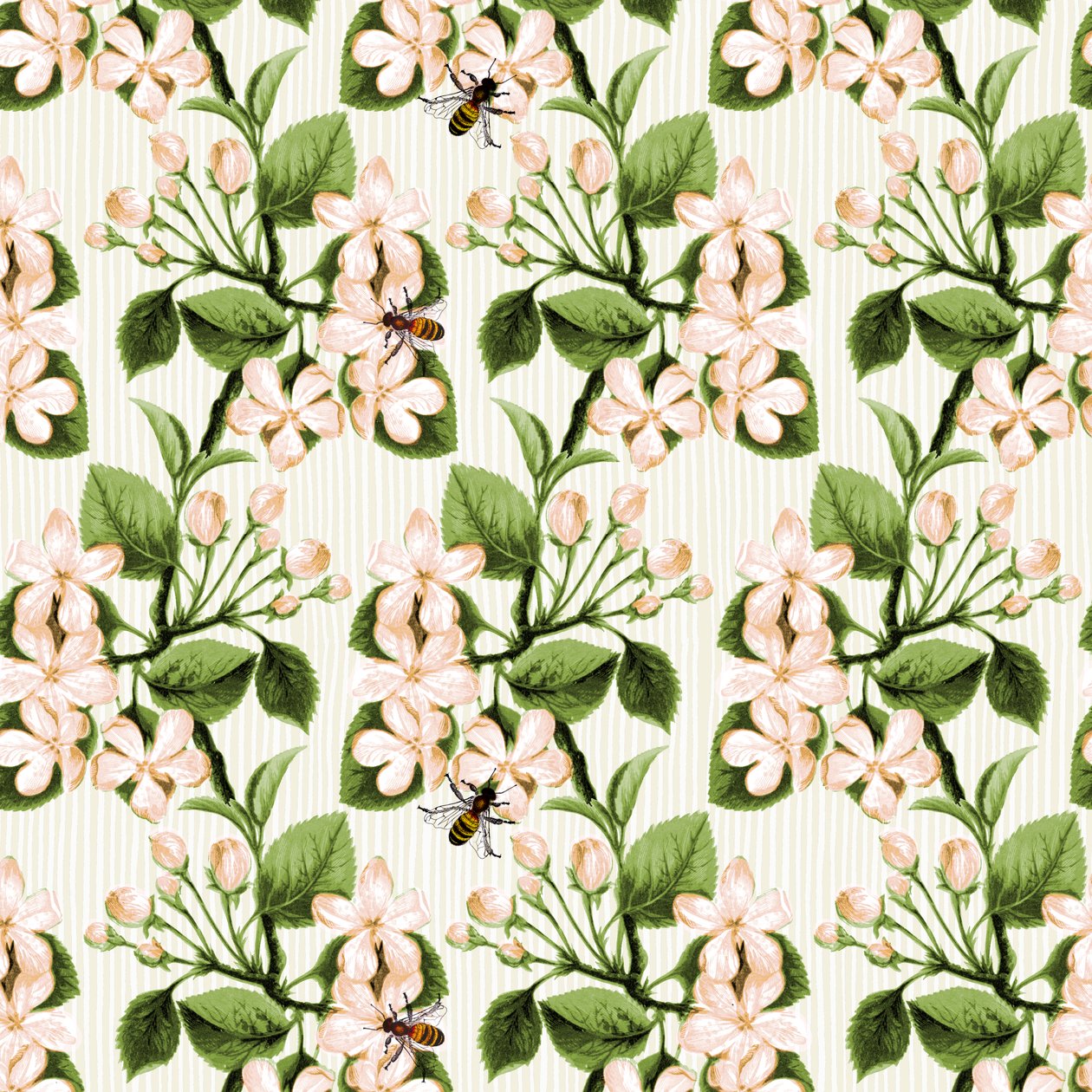 Crab Apple Blossom and Honey Bee, 2017, blæk og digital af Andrew Watson