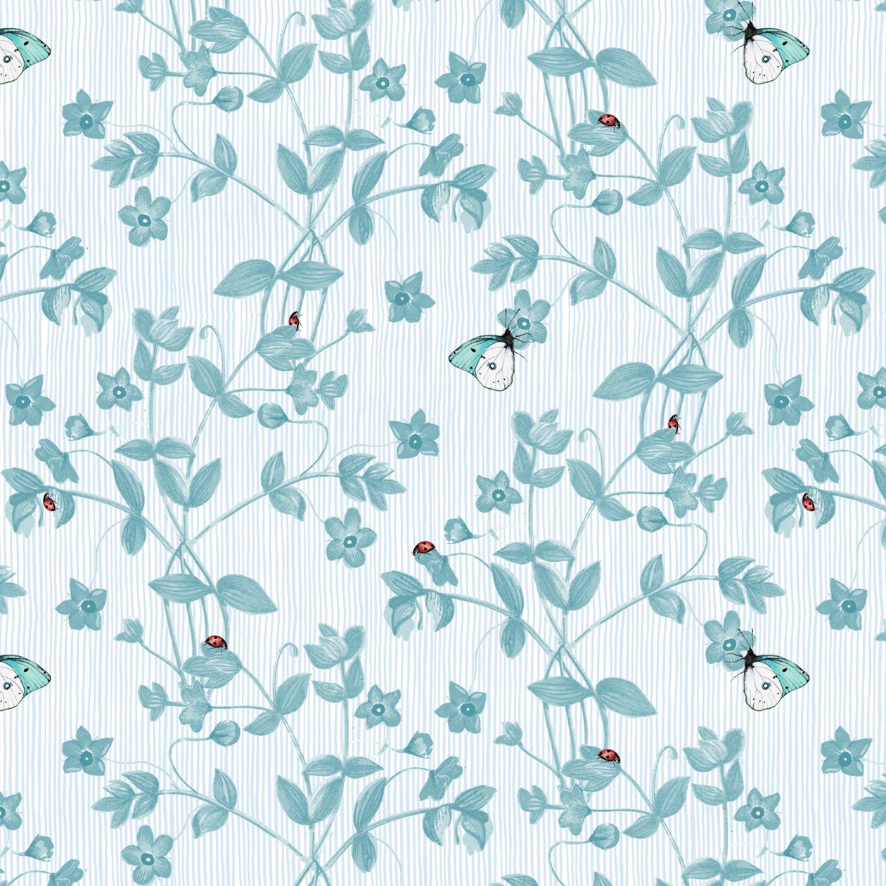 Mariehøne og sommerfugle blomster, 2017, blæk, akvarel, digital af Andrew Watson