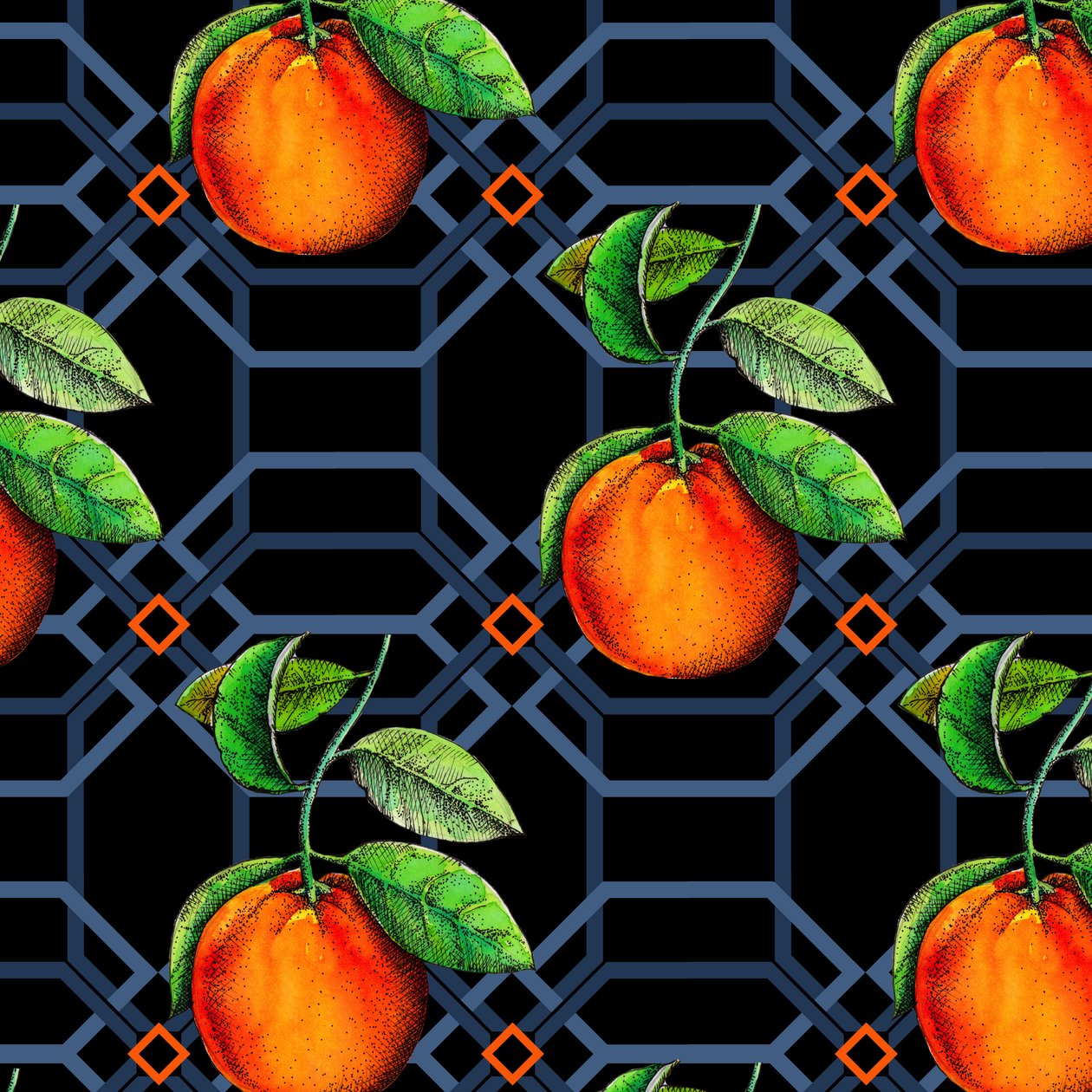 Orange geometrisk, 2018, pen og blæk, akvarel, digital) af Andrew Watson