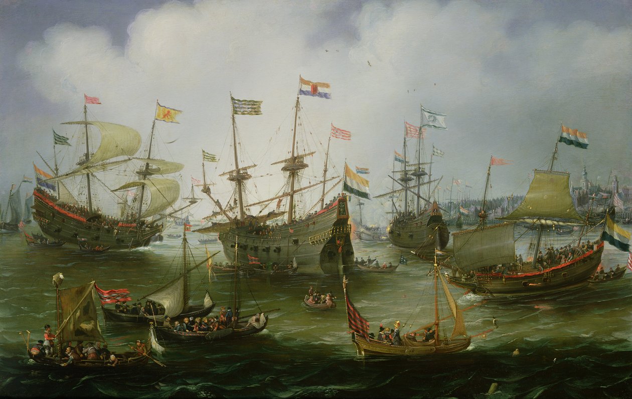 Returen til Amsterdam af den anden ekspedition til Ostindien den 19. juli 1599 (olie på kobber) af Andries van Eertvelt