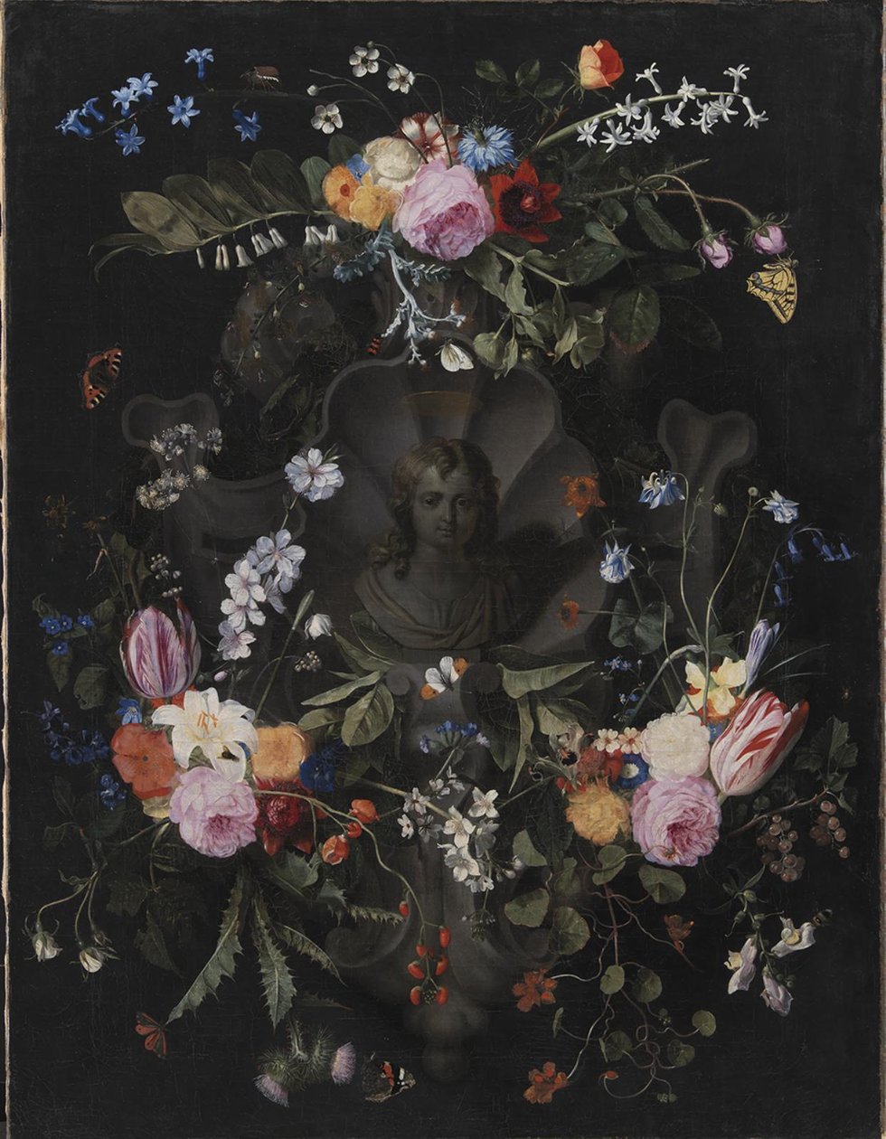 Cartouche med buste af Kristus omgivet af en krans af blomster af Andries Bosman