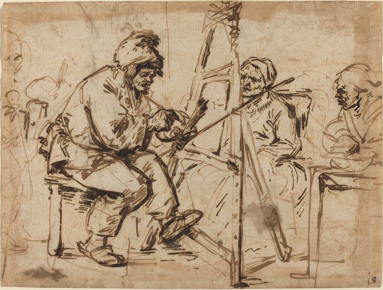 En kunstner, der sidder ved sit staffeli [recto] af Andries Both