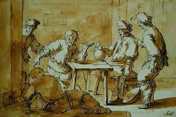 In the Bar, 1633 (pen og blækvask på papir) af Andries Both