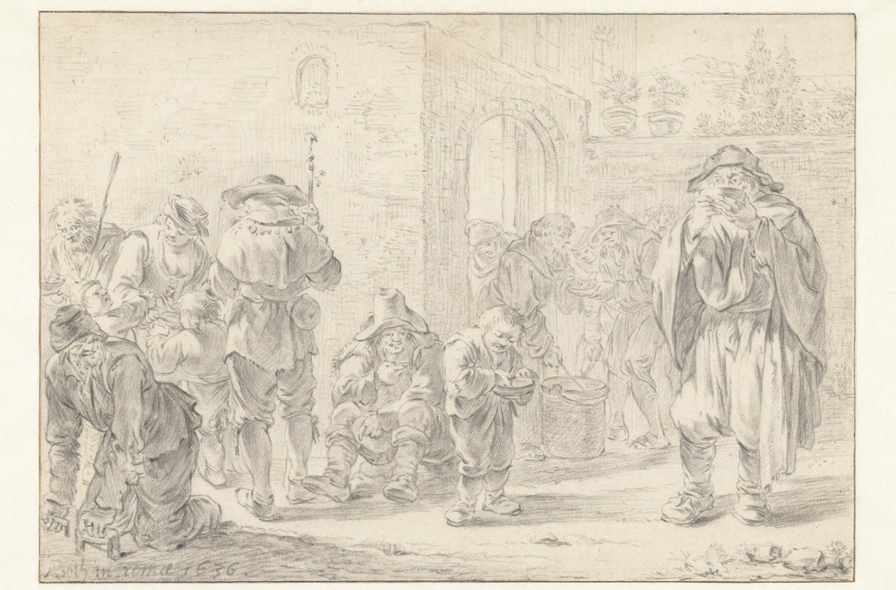 Uddeling af mad til pilgrimme og tiggere ved en klosterport af Andries Both