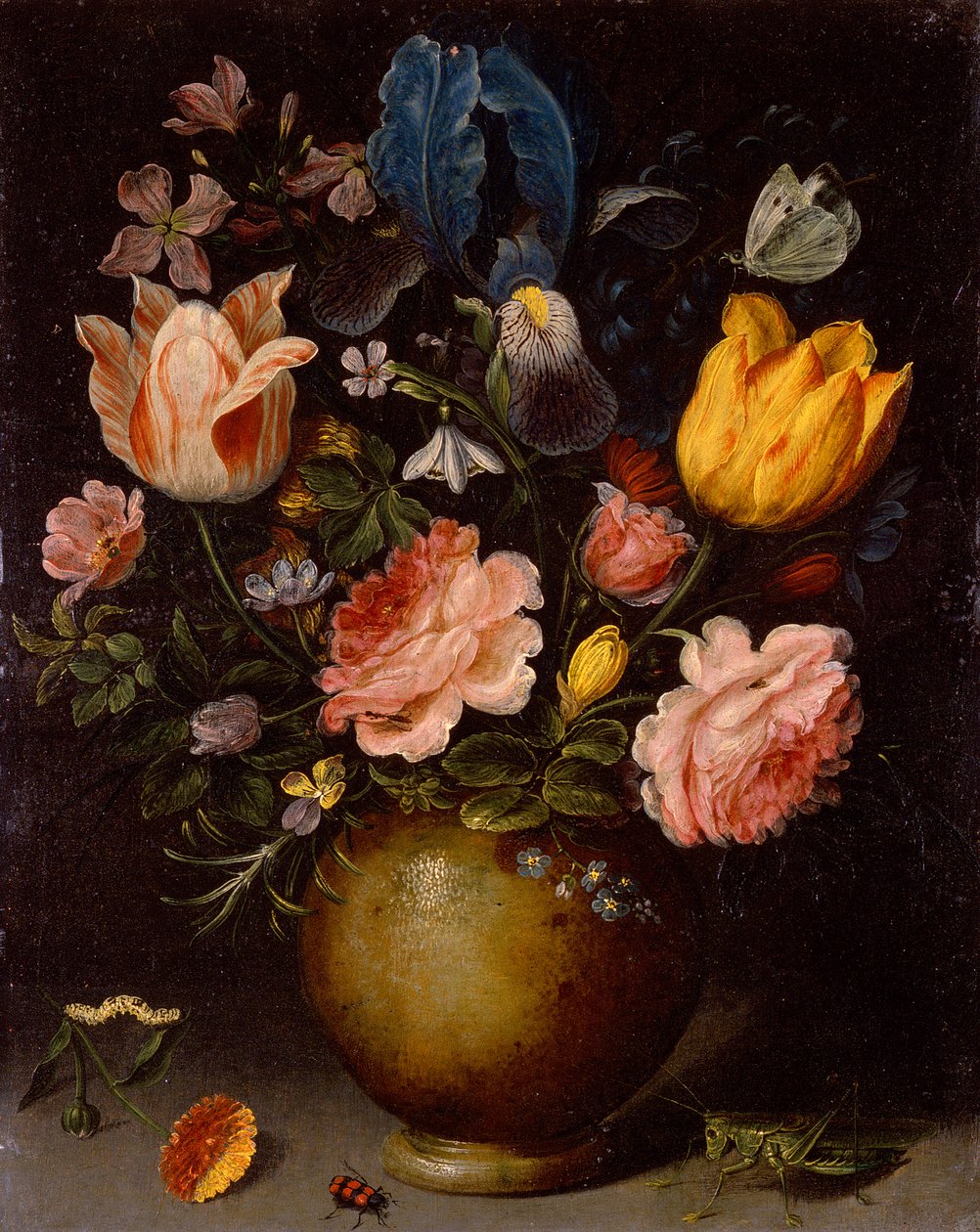 Blomsterstudie med insekter (olie på kobber) af Andries Daniels