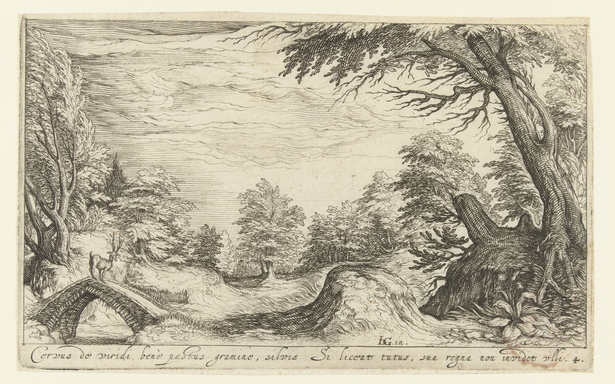 Landskab med en hjort på en bro Landskaber (serietitel) af Andries Jacobsz. Stock
