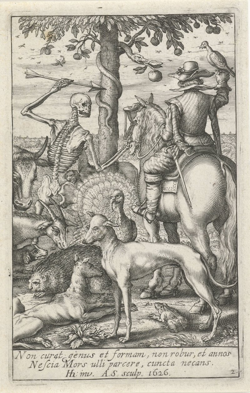 Skelet med pil og falkoner, midt mellem dyr Animal Skeletons (serietitel) af Andries Jacobsz. Stock