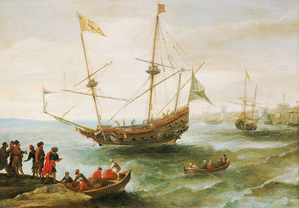 Et algerisk skib ligger for anker i en havn i Barbariet (navn, som europæerne gav Nordafrikas kyst fra det 16. til det 19. århundrede). Oliemaleri af Andries van Eertvelt (1590-1652). af Andries van Eertvelt