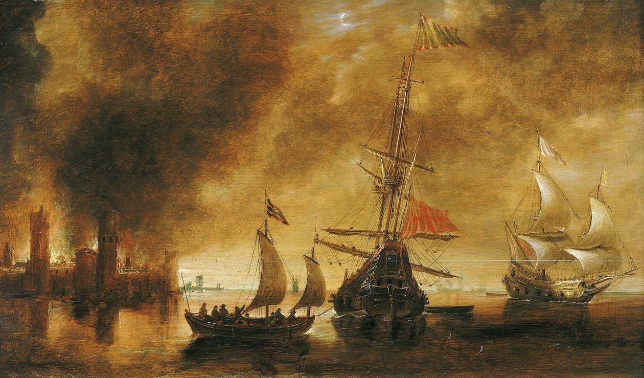 Ved solopgang efter den spanske flådes bombardement af en havn ligger havnebygningerne stadig og ulmer efter nattens kamp, en båd med soldater bevæger sig rundt om det centrale skib. af Andries van Eertvelt