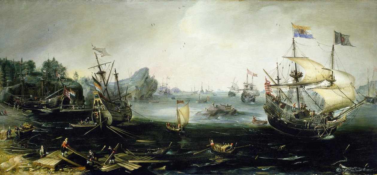 Hollandske skibe laster træ i en skandinavisk fjord. Oliemaleri af Andries van Eertvelt (1590-1652). af Andries van Eertvelt
