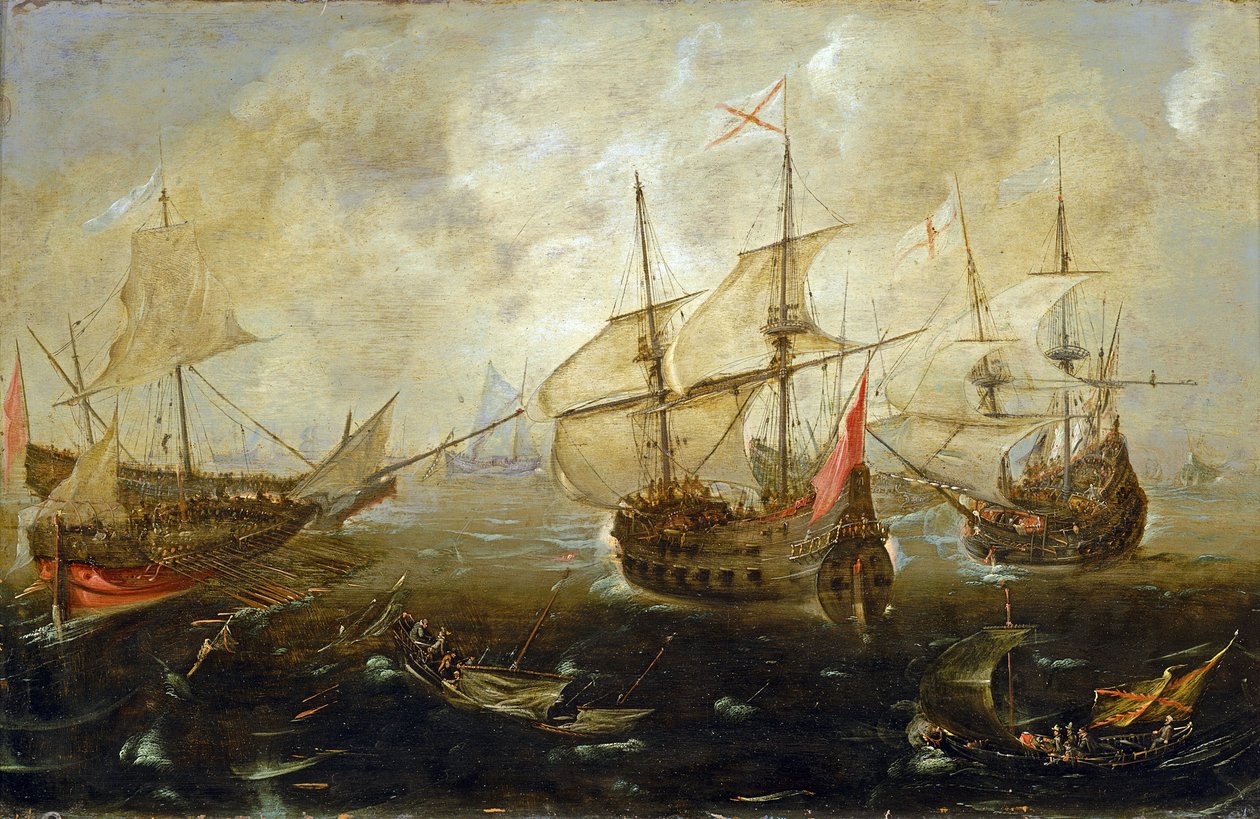 Manøvre mellem britiske (til højre) og spanske skibe, bådene nærmer sig hinanden, så tungt lastede ud, sandsynligvis med soldater af Andries van Eertvelt