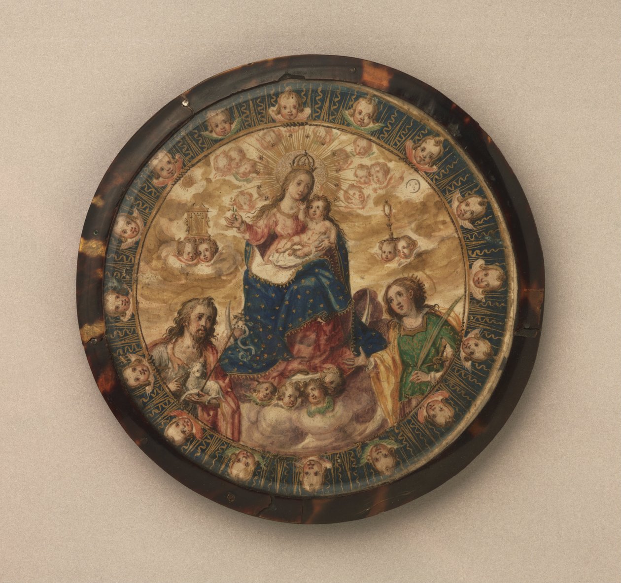 Nonner Shield viser jomfruen og barnet med de hellige Johannes Døberen og Katarina af Alexandria af Andrés Lagarto
