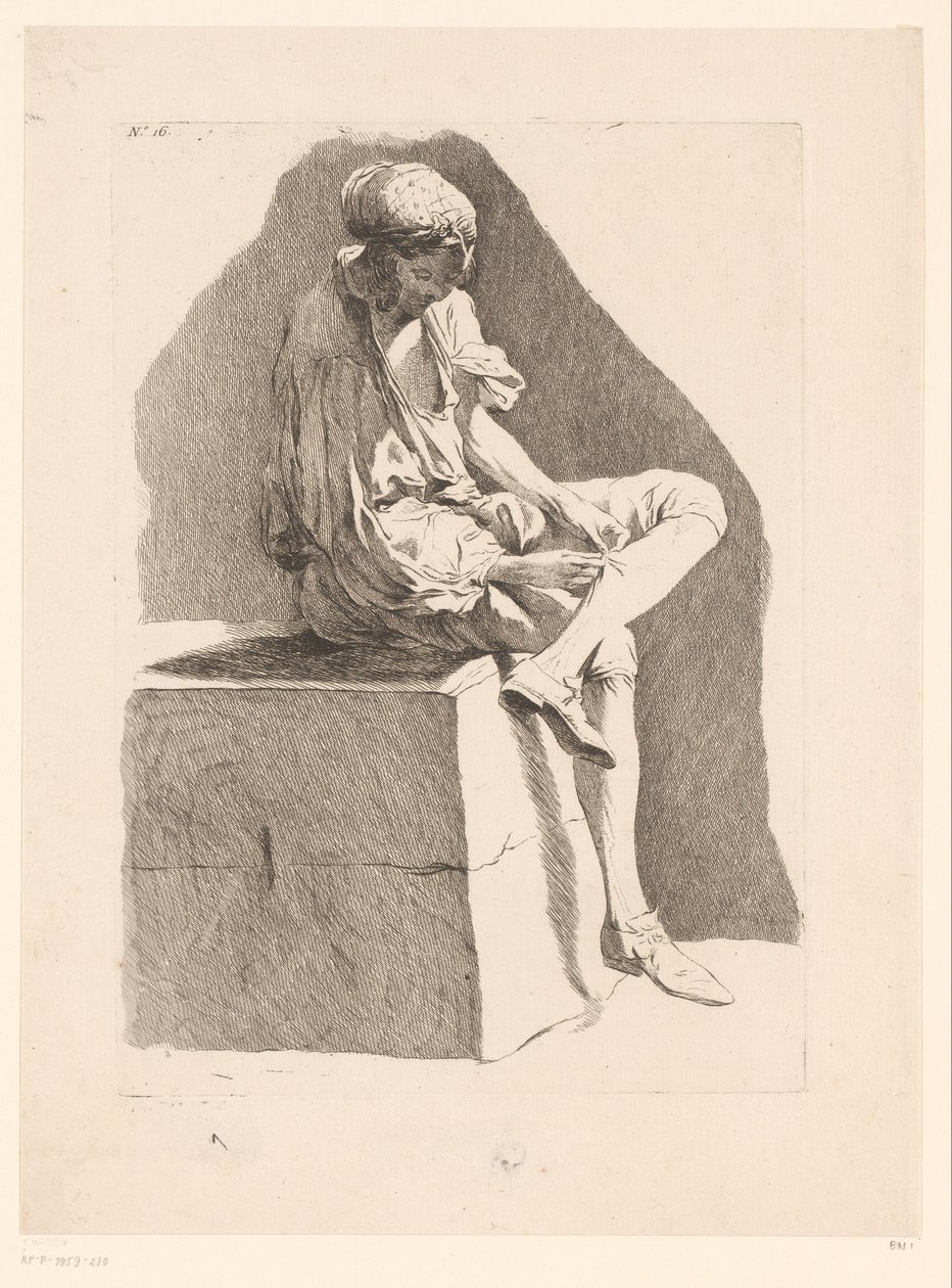 Karikatur af en dreng, der syr sin strømpe Karikaturer efter J. Saly (serietitel) Recueil de caricatures dessinées Par J. Saly et Gravées par A.L. DeLalive D.J. (serietitel) af Ange Laurent de, marquis de Rémoville Lalive