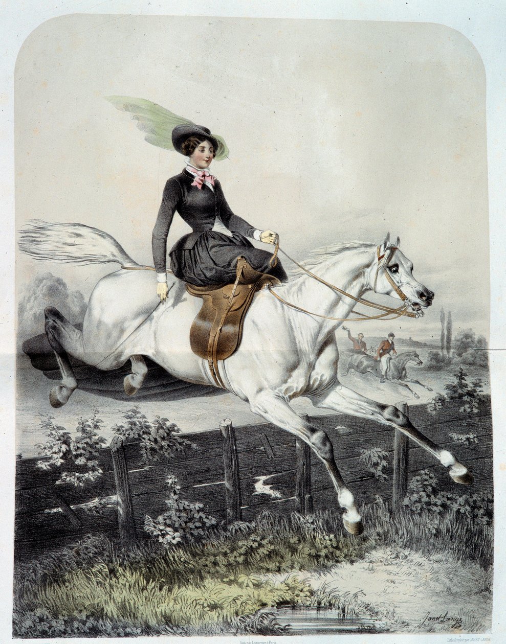 A Young Rider in the Amazon Jumping a Barriere Litografi af Ange Louis Jawe Lange (1815-1872) Privatsamling fra det 19. århundrede af Ange Louis Janet