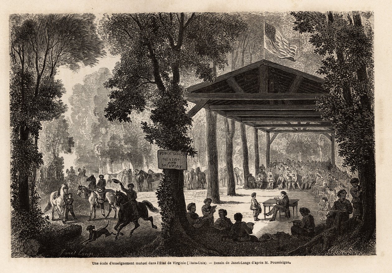 En skole for gensidig uddannelse, i en skov i Virginia (USA), tegnet af Janet Lange, for at illustrere et besøg i hulen Mammoth, Kentucky, i 1859 af M. Pousselgue. Indgravering i "" Le tour du monde"", redigeret af Edouard Charton af Ange Louis Janet