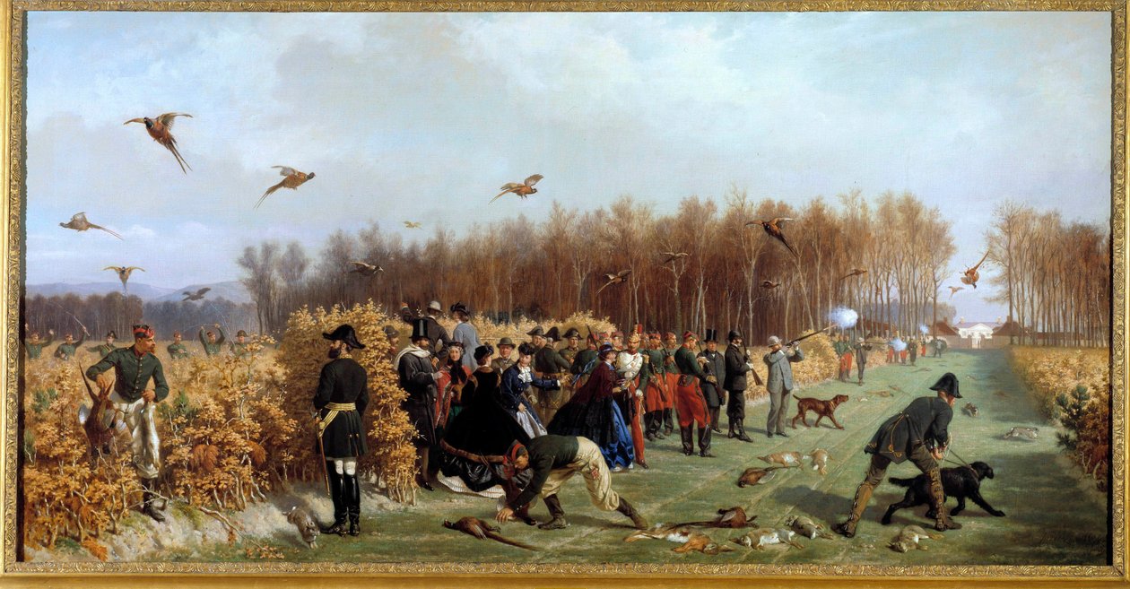 Jagt et skydning ved fasanderiet Maleri af Ange-Louis Janet Lange (1815-1872) 1800-tallet søn. 1,1x1,9 m. Compiegne, slotsmuseum af Ange Louis Janet