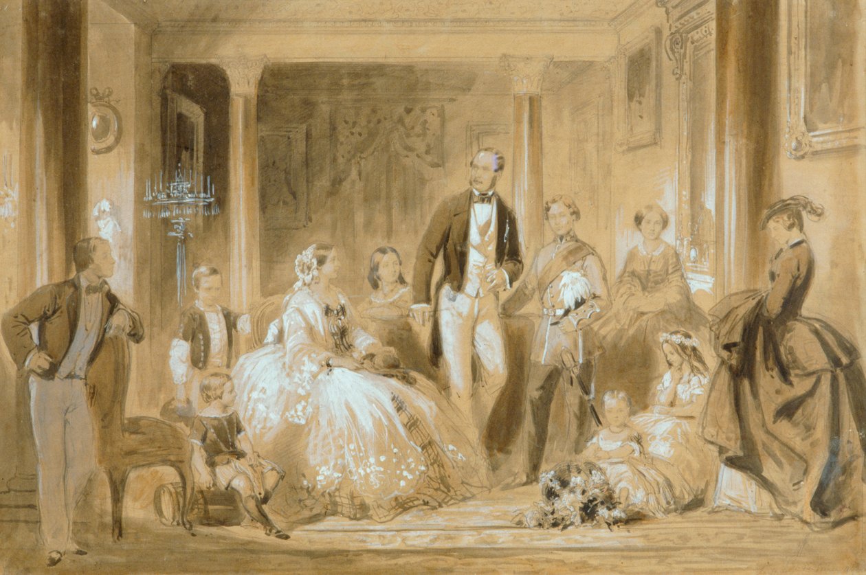 Kongelig familie i spisestuen på Osborne House (blyant med vask på papir) af Ange Louis (1815 72) Janet