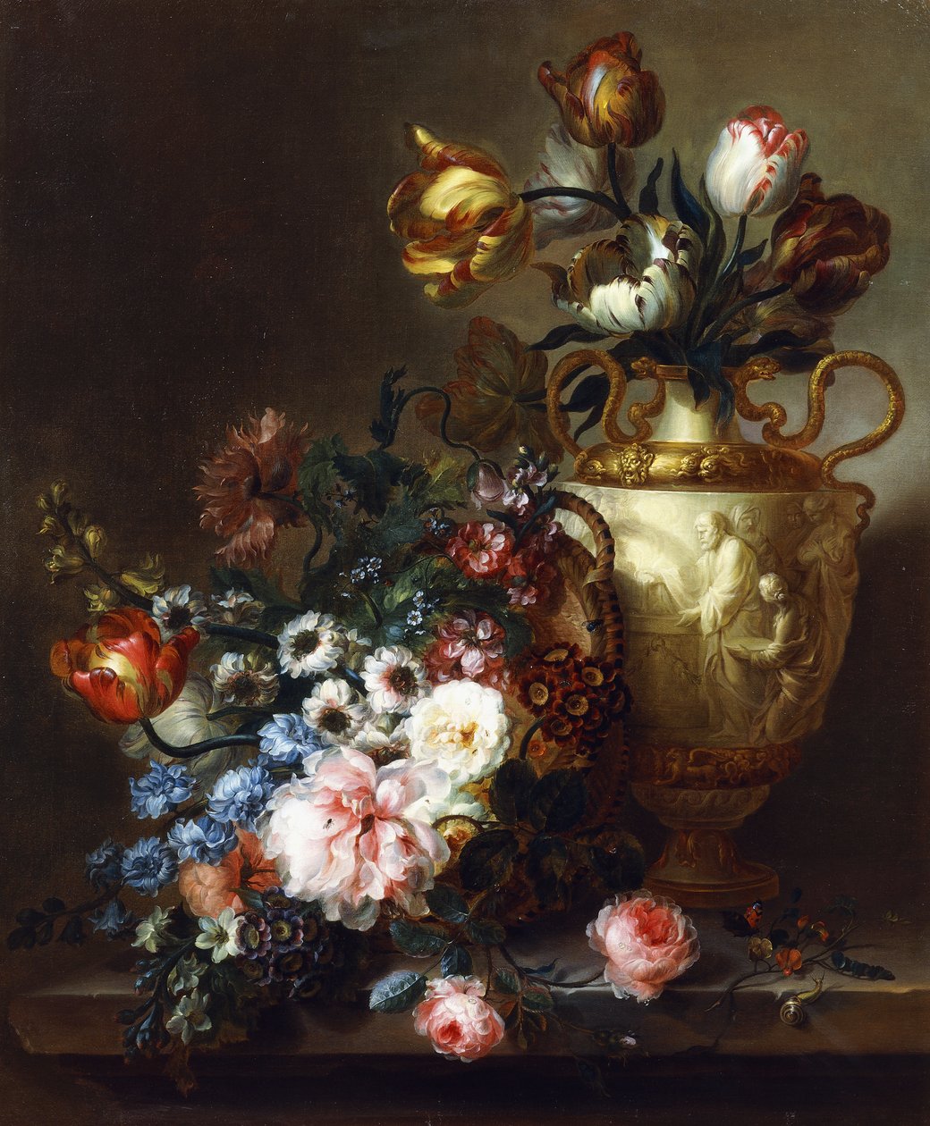 Tulipaner i en vase og roser i en kurv på en stenafsats, af Ange Louis Guillaume Lesourd Beauregard