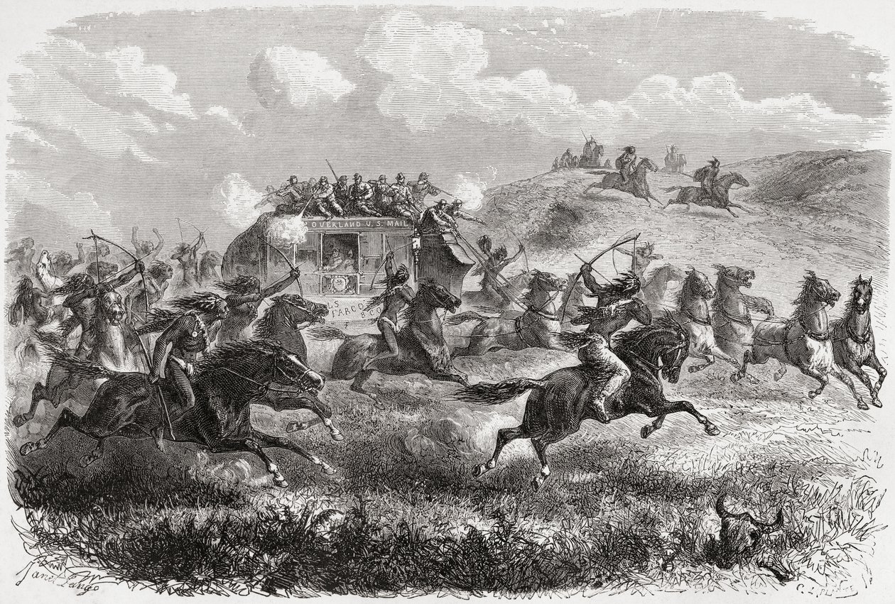 Indianere angreb en transkontinental diligence i 1867, illustration fra 