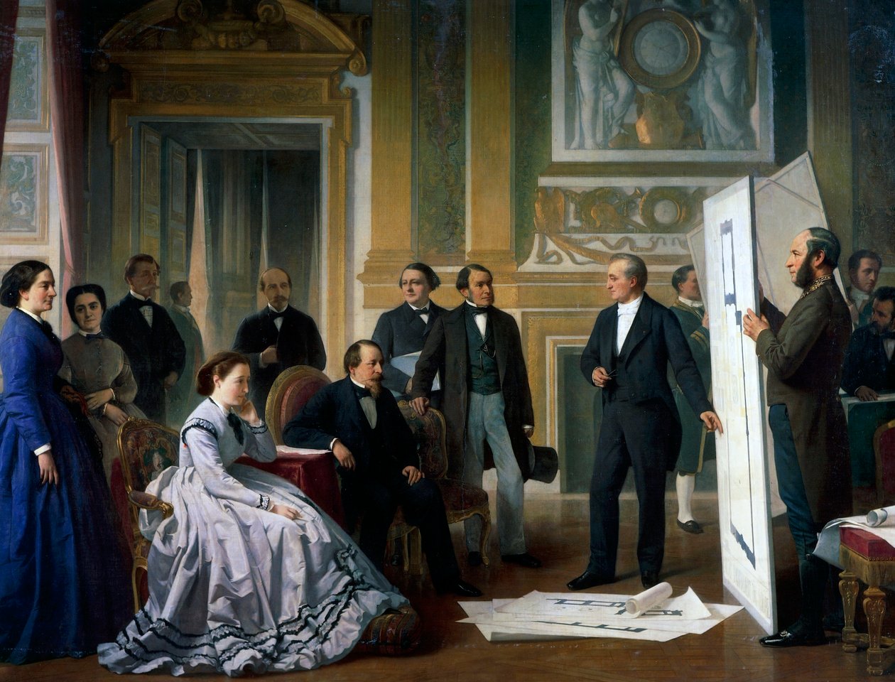 Arkitekten præsenterer de nye planer for Louvre for Napoleon III og Eugenie af Ange Tissier