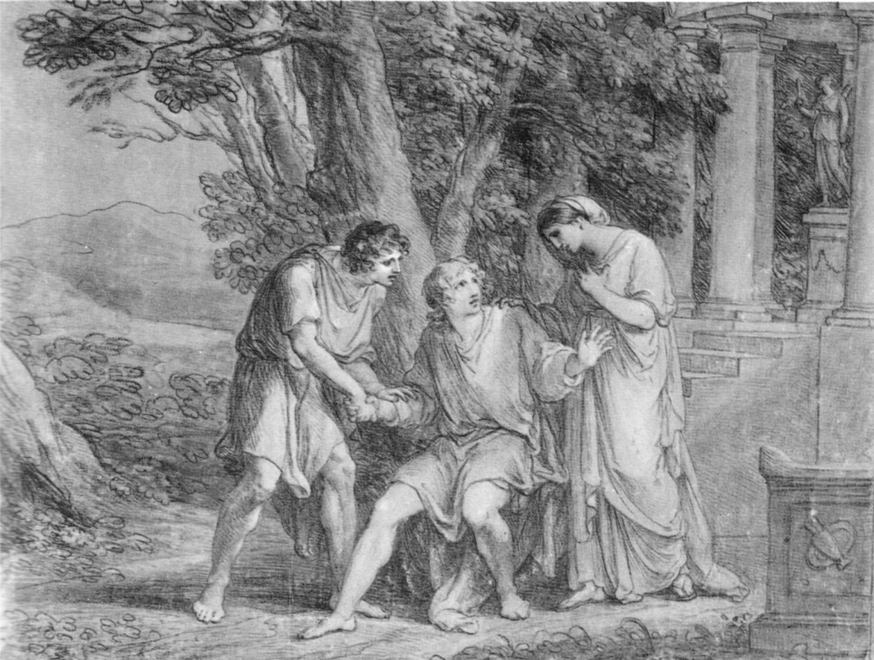 Tredje akt, tredje scene fra Goethes Iphigenia in Tauris. Tegning. Premiere på den endelige udgave af stykket i Weimar i 1802. Goethe i rollen som Orestes, siddende i midten af Angelica Kauffmann