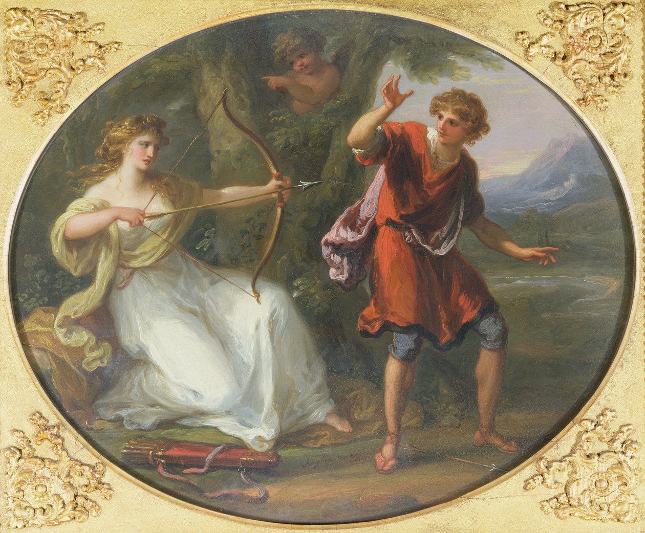 En nymfe trækker sin bue på en ung mand, 1780 (olie på kobber) af Angelica Kauffmann