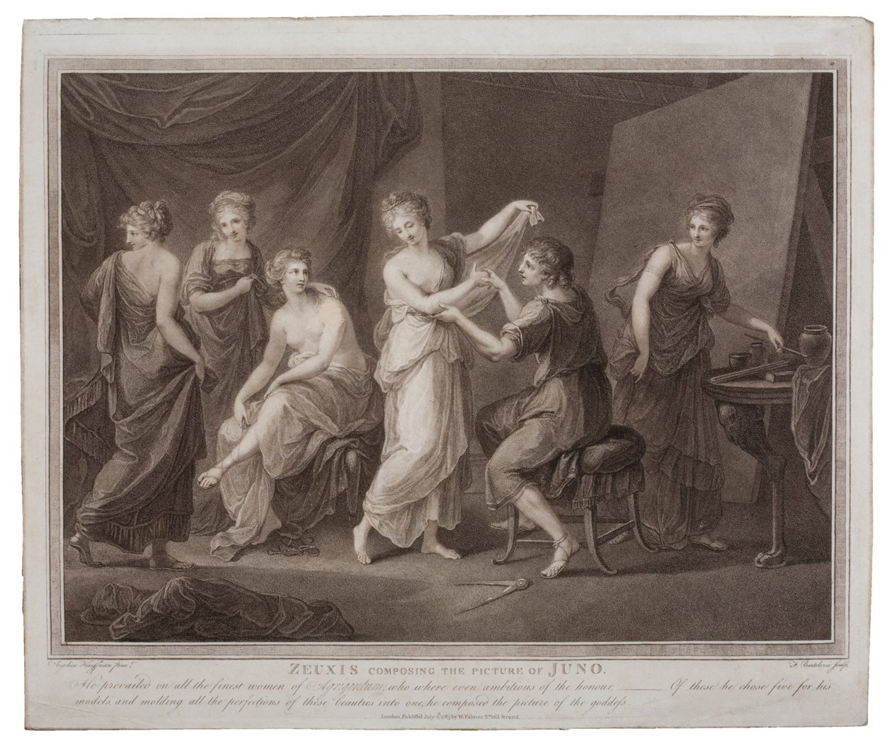 Zeuxis komponerer billedet af Juno af Francesco Bartolozzi (1727-1815), udgivet i London af W. Palmer, 1785 af Angelica Kauffmann